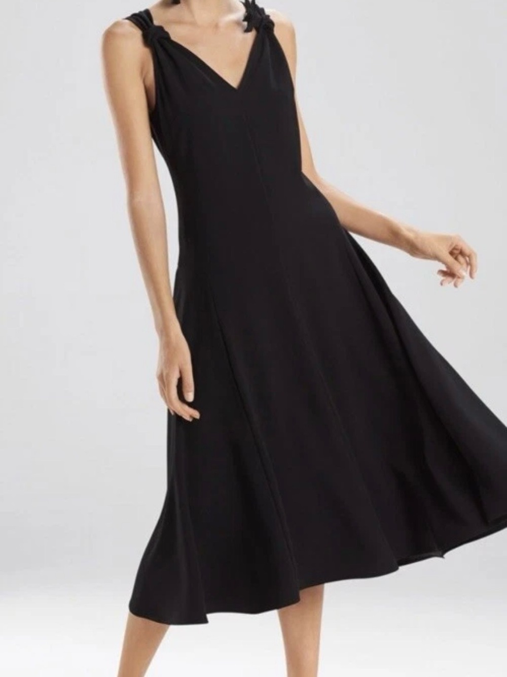Natori Black Knotted-Shoulder V-Neck Midi Dress